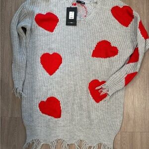 Gray and Red Heart Sweater